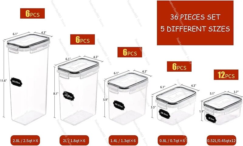 Food Storage Containers for Kitchen Organization, 36 pcs Plastic Food Canisters with Lids, Labels & Marker