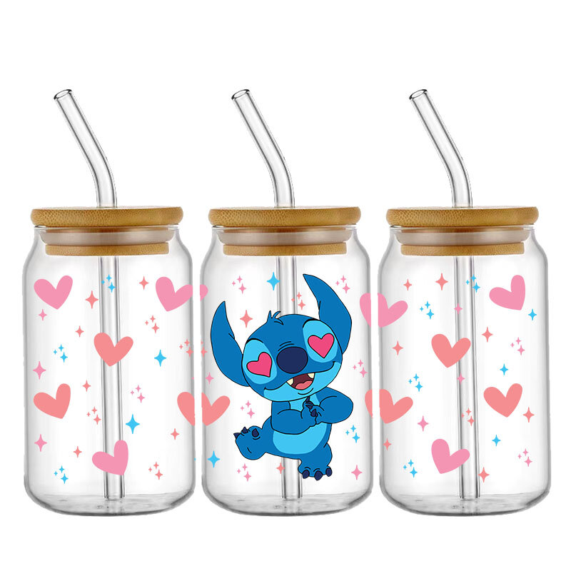 Disney Stitch 16oz DTF naklejka kubki fajne personalizują naklejkę UV do przenoszenia niestandardowe etykiety Logo DIY samoprzylepne wodoodporne