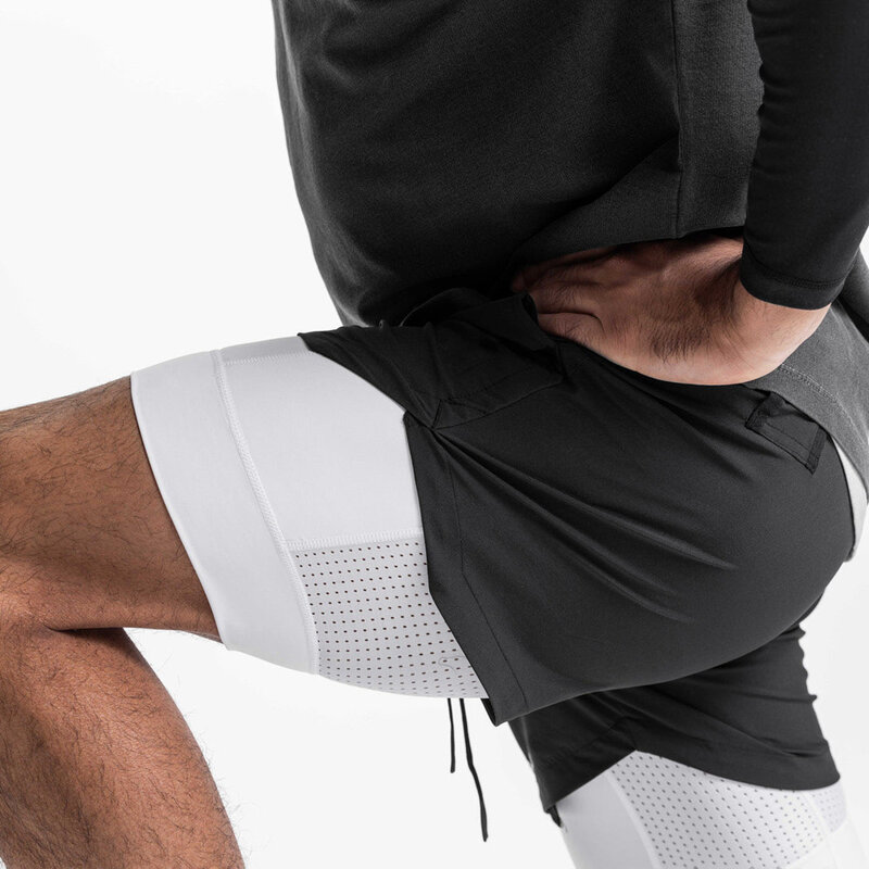 Shorts de compressão de desempenho masculino 2 em 1 com bolsos do telefone, respirável, secagem rápida, atlético, ginásio, treino, ciclismo, corrida