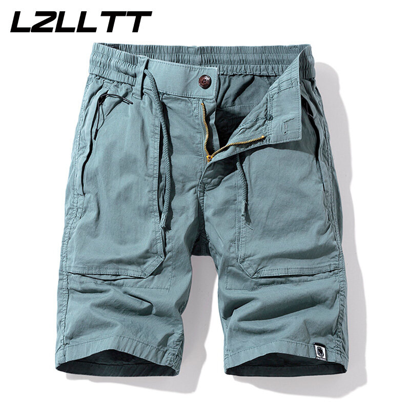 Summer Men Cargo Cotton Shorts Pants Mens Clothing Elastic Waist Casual Solid Beach Jogger Multi Pocket Shorts Male Dropshipping