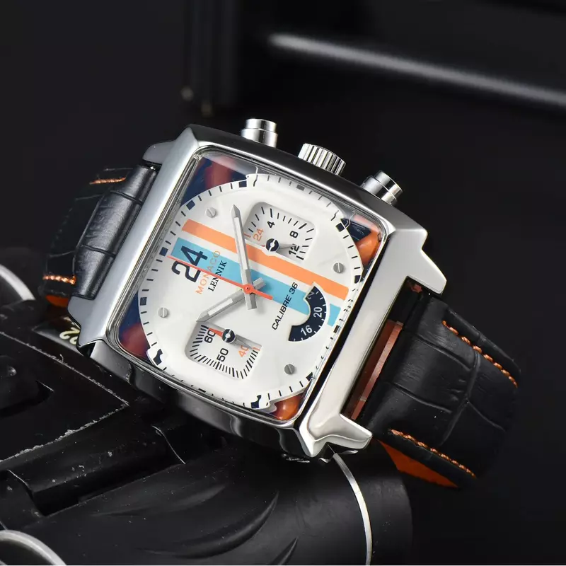 Men's Monaco Design Square Case Watch, pulseira de couro, costas ocas, AAA Relógios masculinos, marca de moda, luxo, marca original, frete grátis