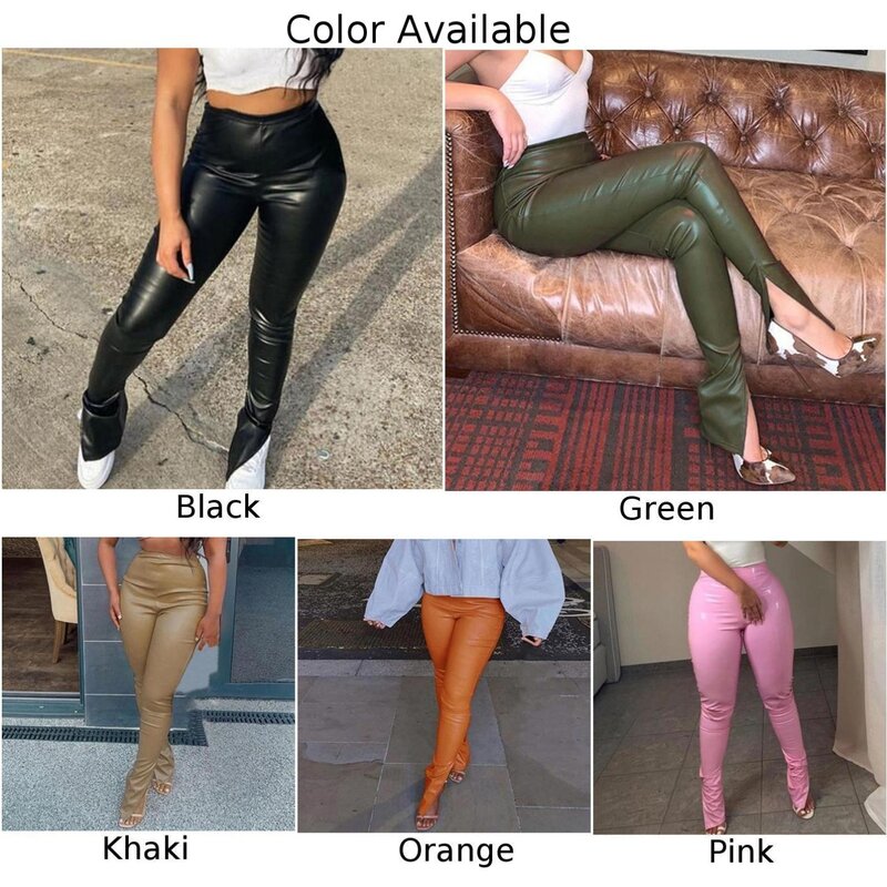 Pantalones ajustados rectos de poliéster ligeramente elásticos, dobladillo dividido sólido, negro, moda diaria, verde, cintura alta, mujer, 1x