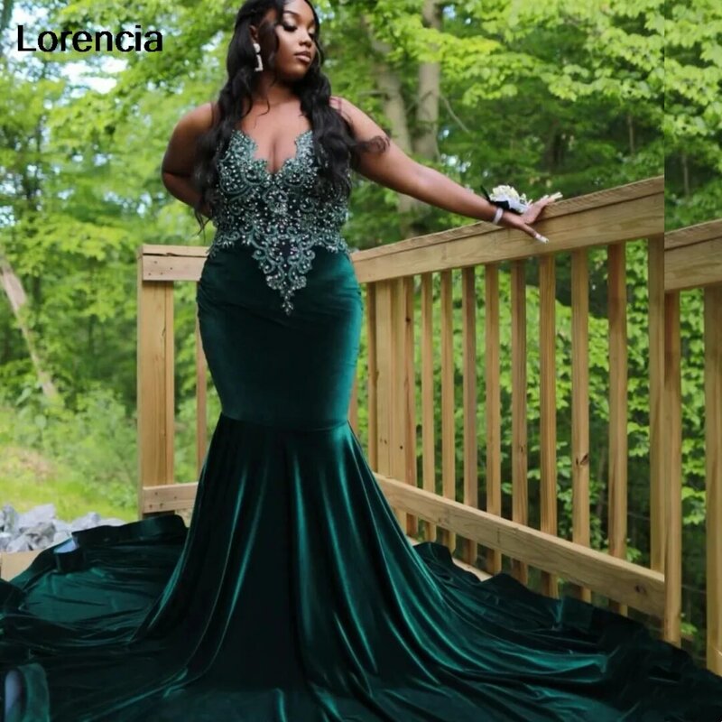 Lorencia Sexy Emerald  Green Mermaid Prom Dress for Black Girls Velvet Beaded Rhinestones Party Gala Gown Robe De Soiree YPD114