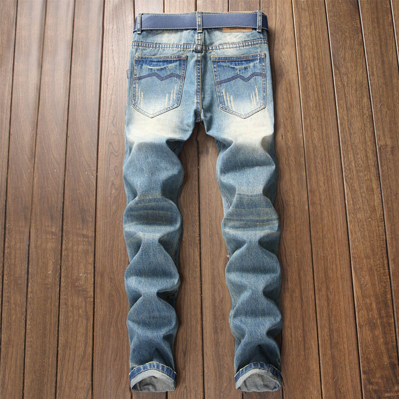 Męska dziura Retro dopasowane jeansy rurki wiosna i jesień amerykański styl główna ulica Trend mody i proste nogawki rekreacyjne
