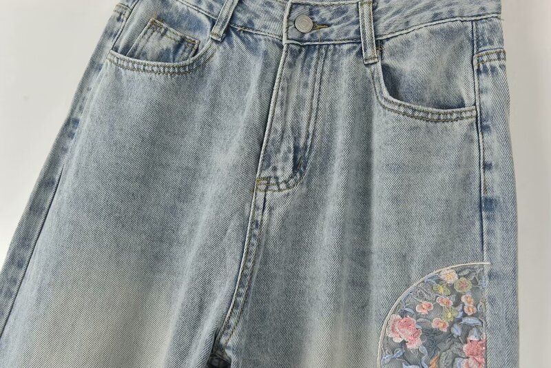 Pantalon en denim taille haute pour femme, patch brodé, décoration florale, pantalon décontracté rétro, poche latérale, nouvelle mode, 2024, 22