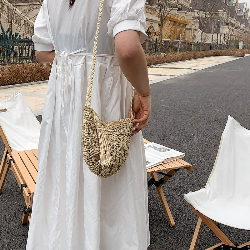 Sacos de ombro de rattan cesta para mulher palha tecer sacos de mulher verão estilo praia moda rattan tecido bolsa e bolsa