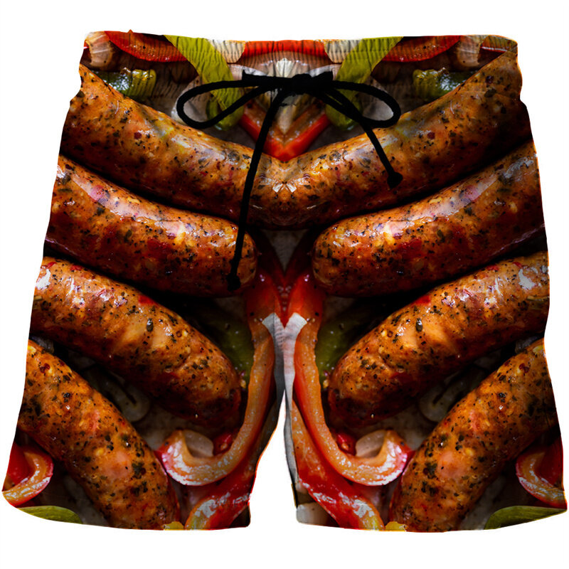 Saucisses-Shorts de plage graphiques pour hommes et femmes, pantalons courts, taille élastique imprimée pizza en 3D, maillots de bain, shorts de surf, 2023