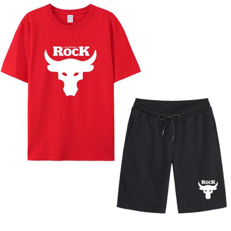 Summer Men's T-shirt + Shorts 2 pieces Suit Brand Short Sleeve Set Printed Cotton Tshirts Jogging Sweatpants Male Sportswear