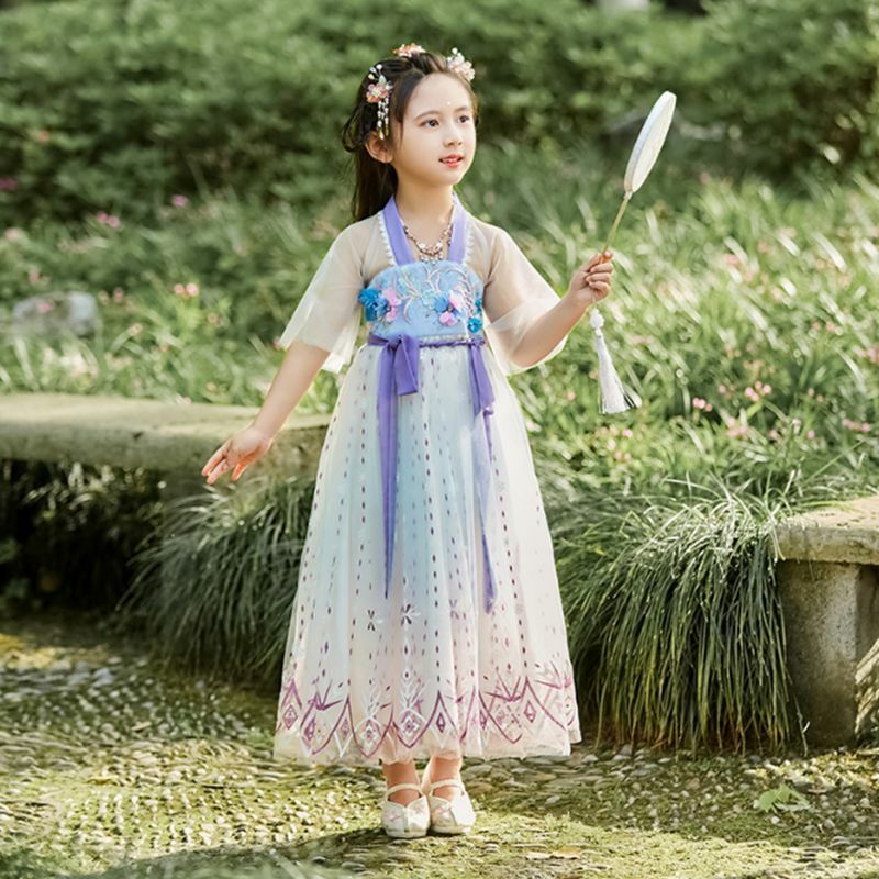الصينية التقليدية الشاش التطريز Hanfu فستان الفتيات Kawaii تانغ دعوى 2023 الصيف فستان جديد للأطفال الأميرة تأثيري