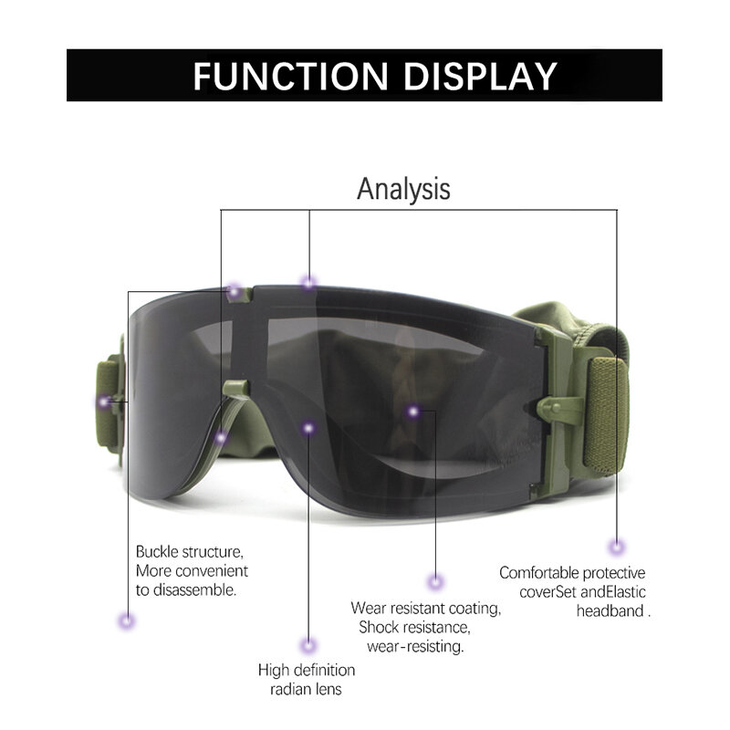 Óculos de proteção uv militar tático ao ar livre 3 lentes substituíveis à prova vento areia controle exército wargame tiro esportes