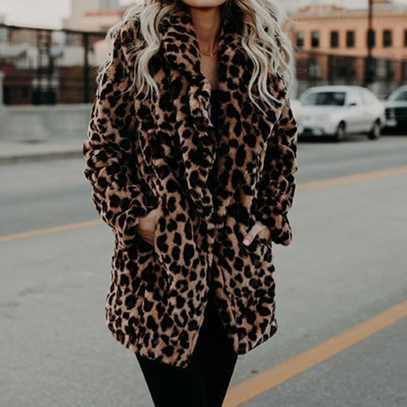 Mulheres inverno clássico leopardo jaquetas casaco moda falso pele de coelho longo streetwear casual turn-down collar macio casaco de pelúcia