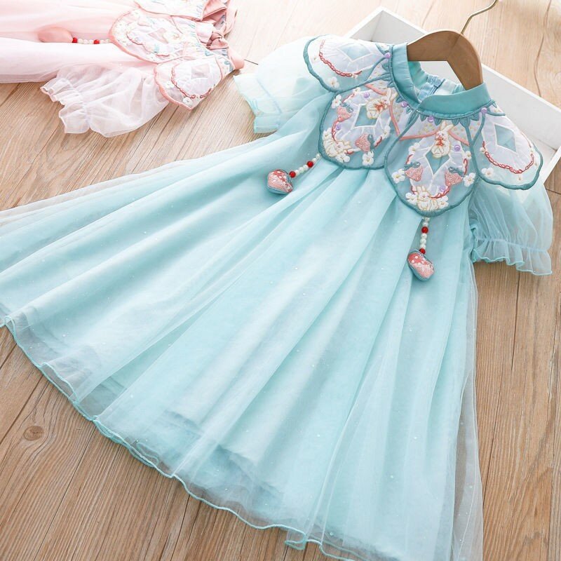 Милая газовая юбка для девочек, детское традиционное платье-Ципао в китайском стиле с вышивкой и открытыми плечами в виде облаков