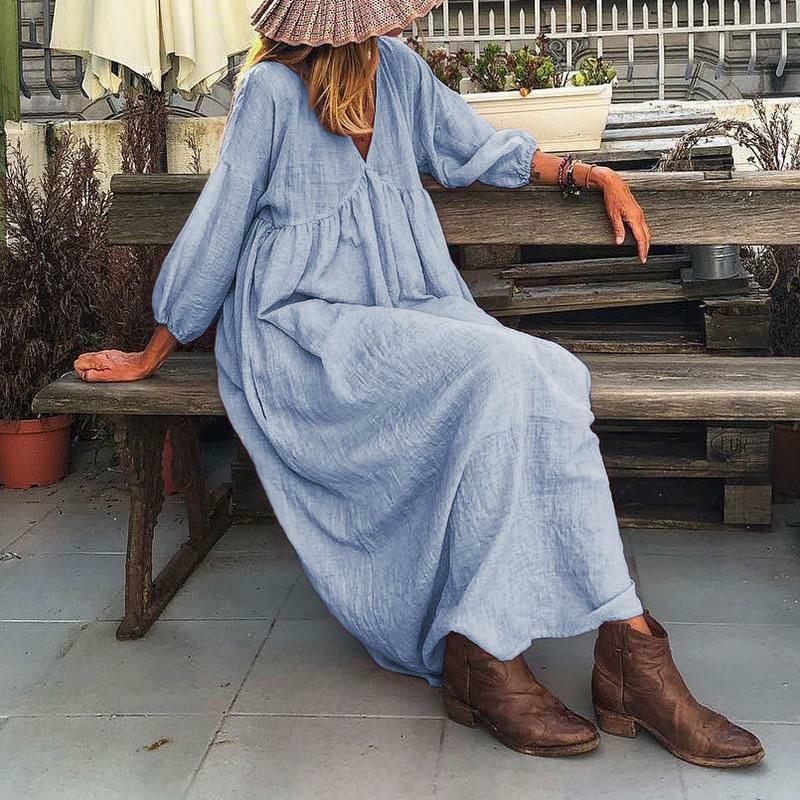 Spring new dress Europe and the United States foreign trade women's fashion V-neck loose sleeved casual dress long skirt