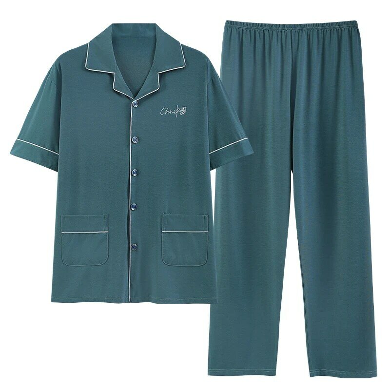 Men Cardigan Pajamas Set Summer Modal Cotton Male Pyjamas Loose Men Home Set Sleepwear Short-sleeve Tops + Long Pants 2pcs/set
