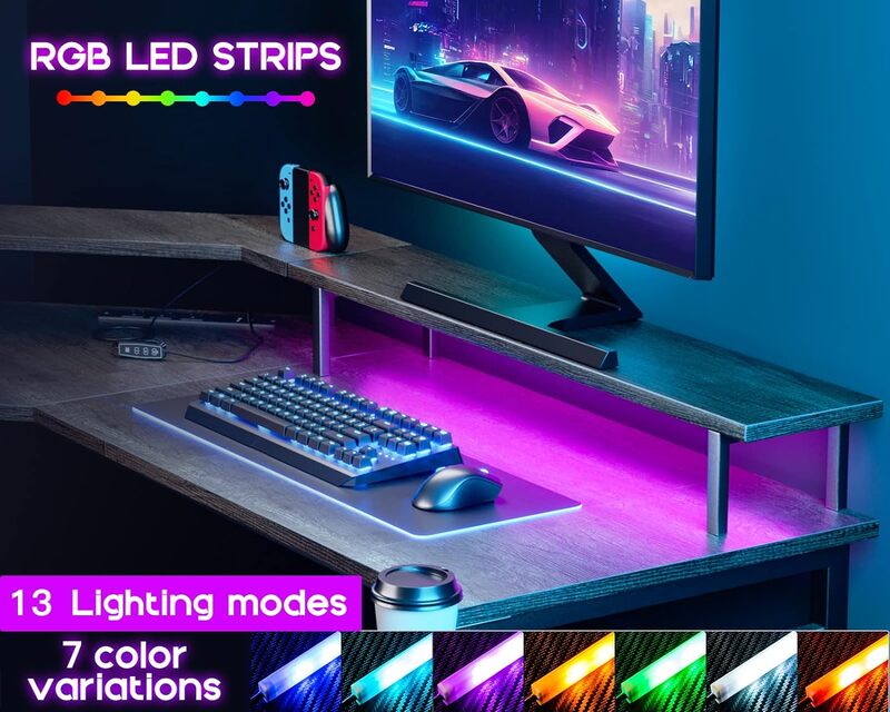 Shaped Gaming Desk with LED Lights & Power Outlets, 51" Computer Desk with Full Monitor Stand, Corner Desk with Cup Holder