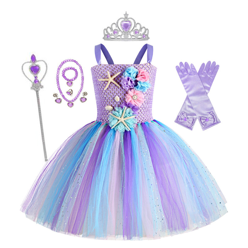 Girls' Mermaid Tutu Dress, Under the Sea Theme, Birthday Party, Carnival Costumes com Flower Headband, Ocean Halloween Dresses, 1-12Y