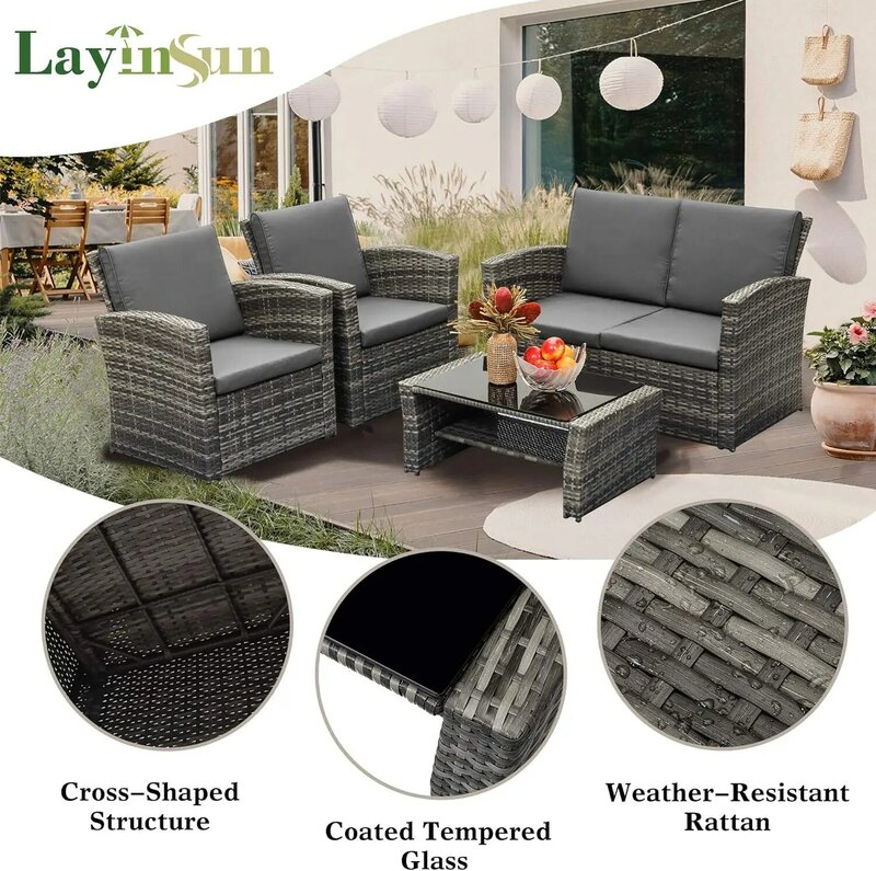 Ensemble de meubles d'extérieur en rotin, canapé et chaise avec coussin, pour jardin, pelouse, 4 pièces