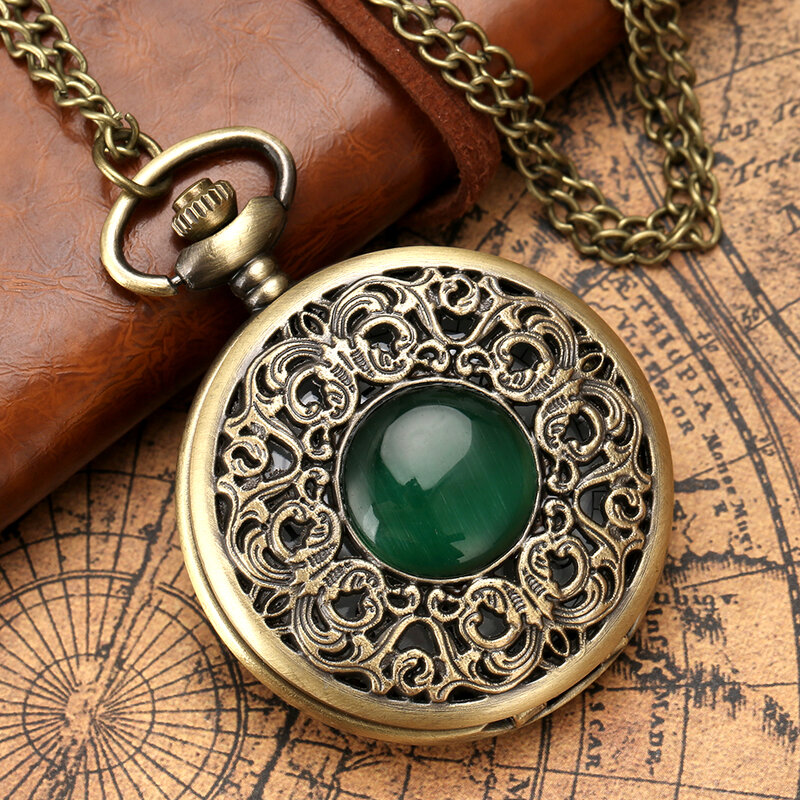 Elegant Bronze Green Stone Decor Quartz Analog Necklace Watch Arabic Numerals White Dial Pendant Pocket Clock Men Women Gift