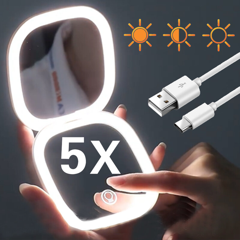 Cermin Rias Led Mini Ringkas dengan Lampu 5X Sebagai Pembesar Saku Kecil Cermin Rias Kosmetik Lipat Hitam Merah Muda Portabel Perjalanan