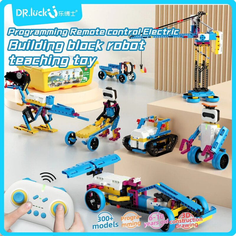 Dr. Luck mainan kendali jarak jauh anak, Set mainan Robot blok bangunan elektrik pemrograman anak laki-laki dan perempuan
