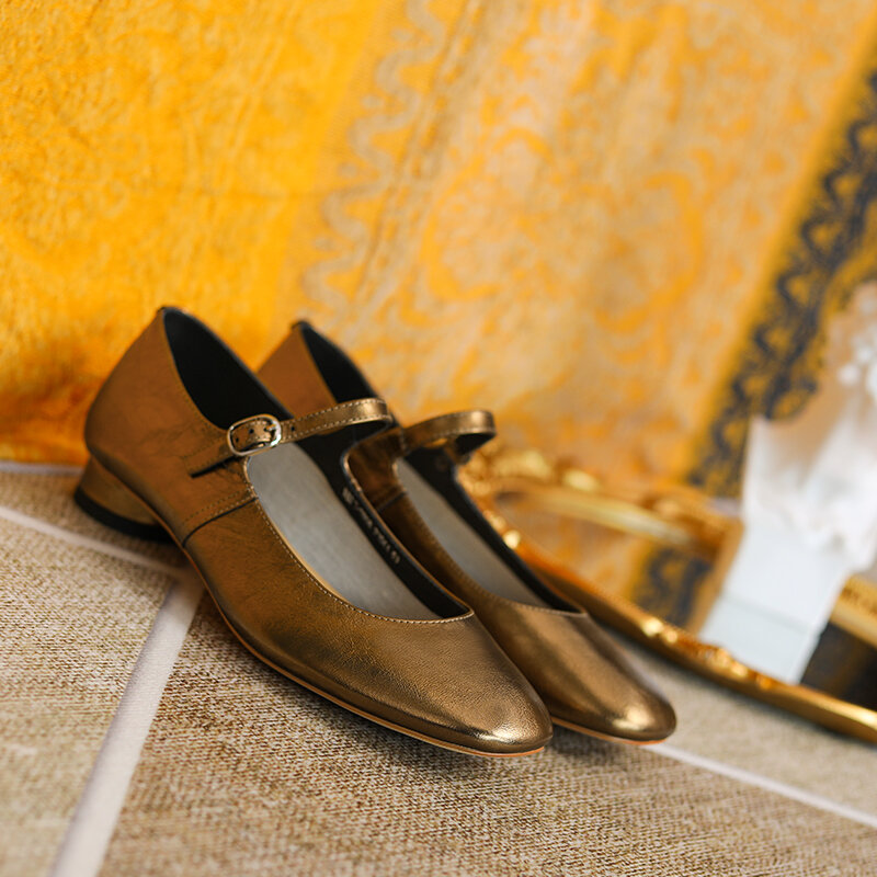 Zapatos de tacón de cuero Natural para mujer, calzado con punta cuadrada supersuave, color dorado, 22-2022 cm, 24,5