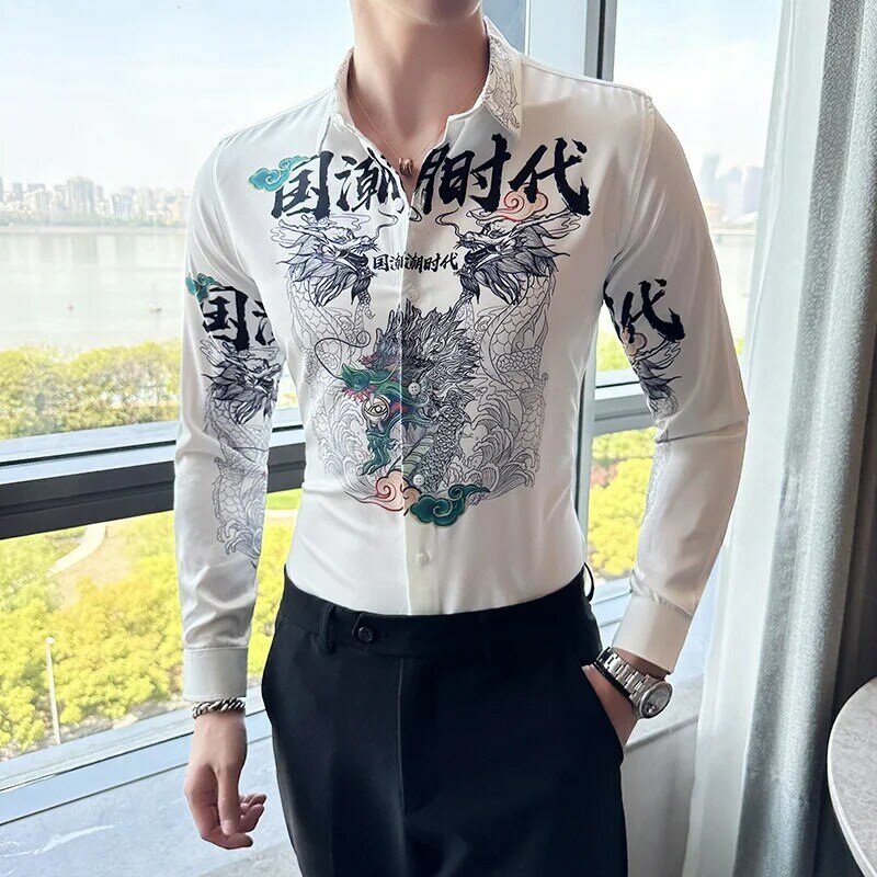 Camicia stampata da uomo di moda bianco nero verde colletto quadrato camicie a maniche lunghe primavera e autunno nuovi top Casual Camisa M-5XL 6XL