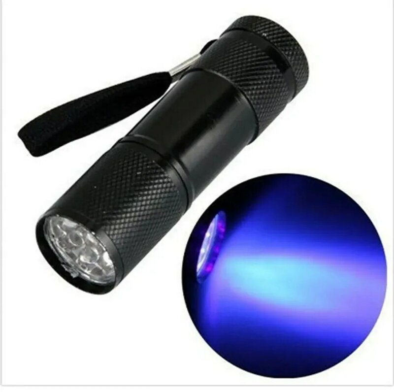 Mini linterna UV 9 LED de aluminio, Ultra violeta, lámpara de luz, 1 modo, superbrillante
