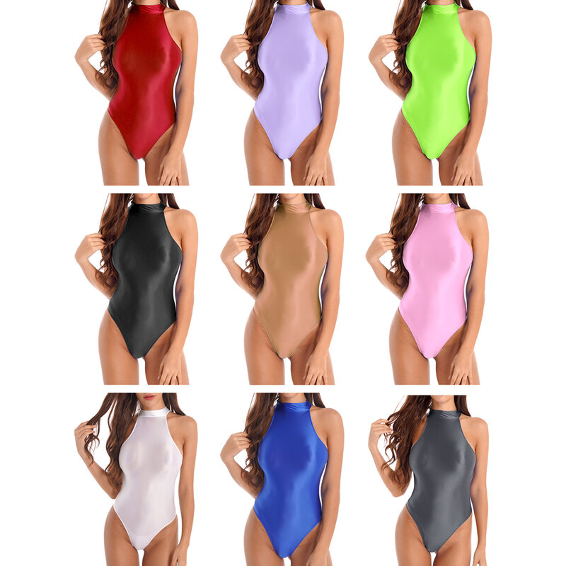 Women Glossy Lingerie Bodysuit Swimwear Sleeveless Zipper Leotard Swimsuit Pool Party Bathing Suit Wetsuit Rash Guards Beachwear