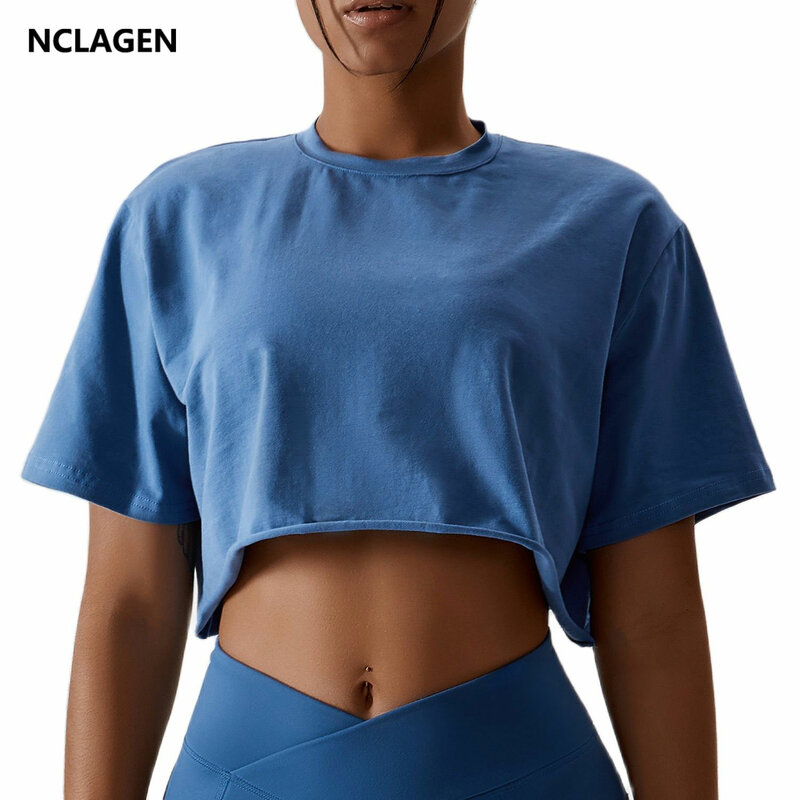 NCLAGEN t-shirt Casual in cotone donna manica corta danza sport abbigliamento da corsa Yoga Fitness Crop Top camicie larghe da allenamento in palestra