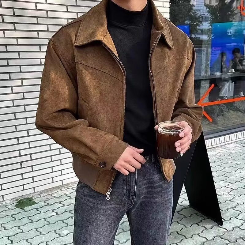 2024 elegancki jednokolorowy brunatny płaszcz męski wiosna jesień High-End luźny, z klapami nowy krótka kurtka z suwakiem Vintage kurtka bomberka, moda uliczna