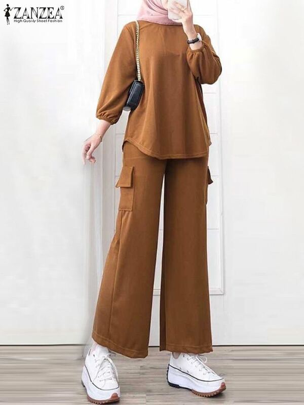 ZANZEA Casual Muslim Fashion 2pcs Outfit Stylish Islamic Loose 3/4 Sleeve Tops Pant Sets Wide Leg Trouser Spring Women Tracksuit