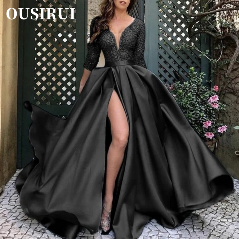 OUSIRUI Princess Sleeve with Tail Banquet Evening Birthday Party Wedding Dress Women's Lace Sequin Large Hem Sexy Long Dress