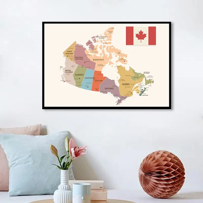 90*60cm The Canada Political Map Vintage Canvas Painting Posters and Prints Wall Decoration School Supplies Home Decor