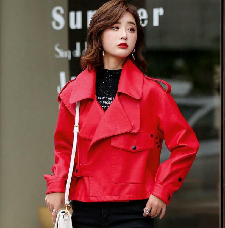 Women's Autumn Winter Big Lapel Short Leather Jacket Loose Epaulette Faux Leather Jacket Red Motorcycle Outwear