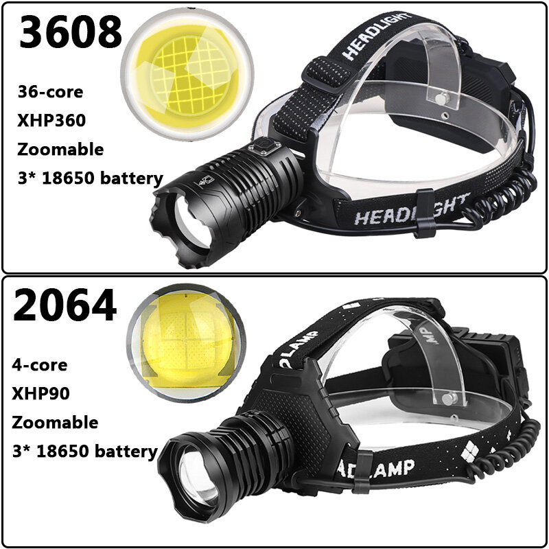 XGardens-Lampe de poche zoomable à 360 LED, batterie aste par USB, lampe de sauna Powerbank, lampe frontale super lumineuse, 36 cœurs, 18650