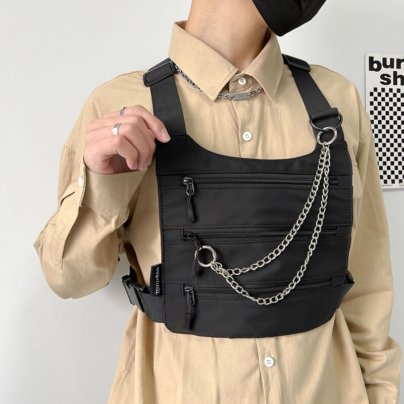 Multi-pocket metalowy łańcuch klatki piersiowej pakiety wysokiej jakości Nylon Unisex taktyczne klatki piersiowej Rig torba Hip-hop Streetwear kamizelka plecak gorąca sprzedaż