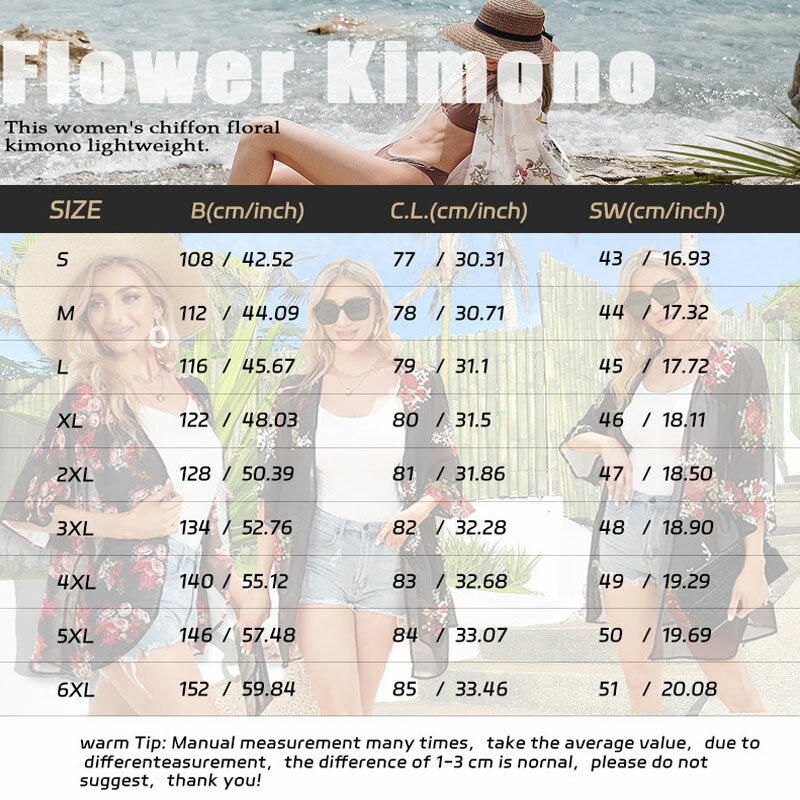 2024 nuove donne estate lungo Flowy Kimono Cardigan Boho Chiffon floreale Beach Cover Up Top Beachwear Hawaii Cardigan in Chiffon Top