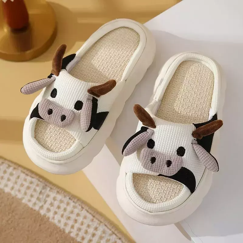 Sandalias universales de lino y algodón para el hogar, zapatillas antideslizantes de dibujos animados de vaca, cuatro estaciones