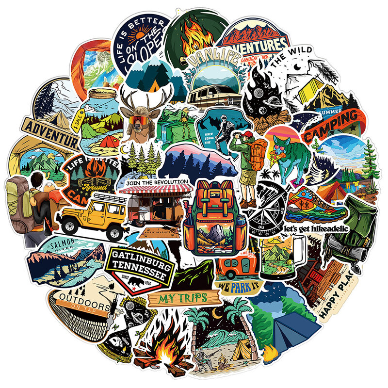 10/30/50PCS Outdoor Hiking Camping Stickers Forest Scenery Decal Skateboard Phone Laptop Car Cool Cartoon Graffiti Sticker Packs