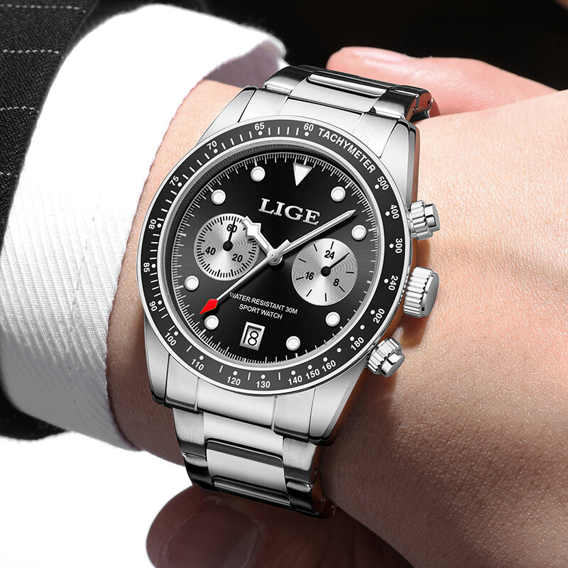 Lige นาฬิกาลำลองคลาสสิกสำหรับผู้ชาย, นาฬิกาสแตนเลสกันน้ำนาฬิกาควอตซ์นาฬิกาแสดงตัวเลขวันที่
