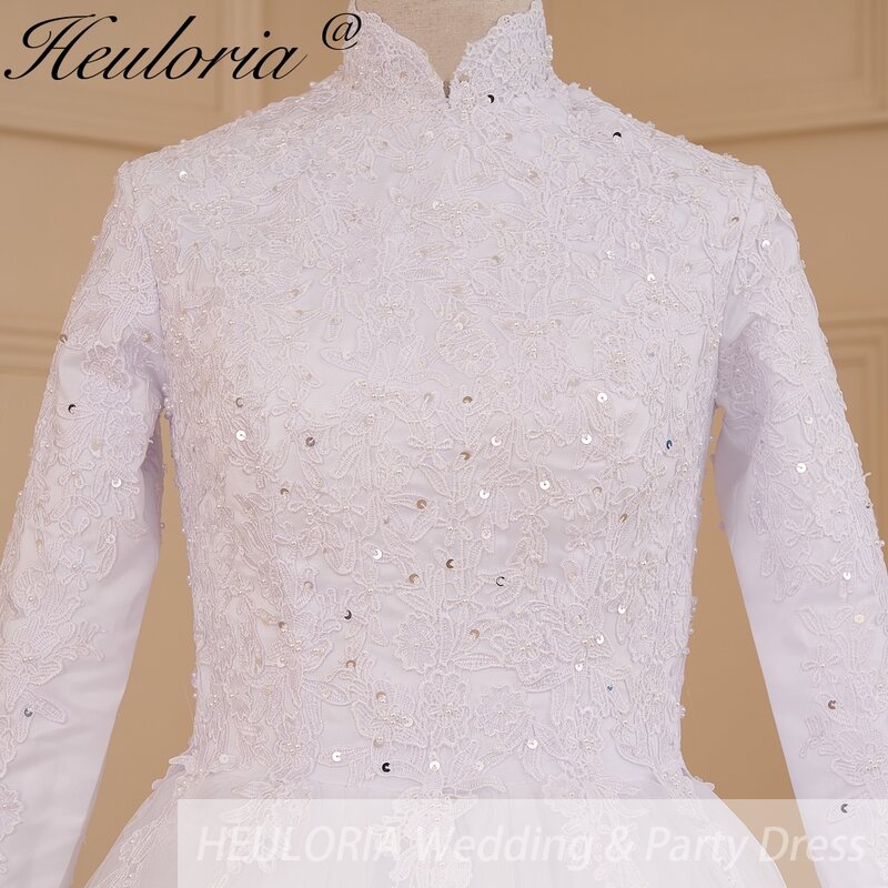 HEULORIA Muslim Wedding Dress long sleeve bride dress high neck plus size robe de mariee Lace beading  Bridal Gown