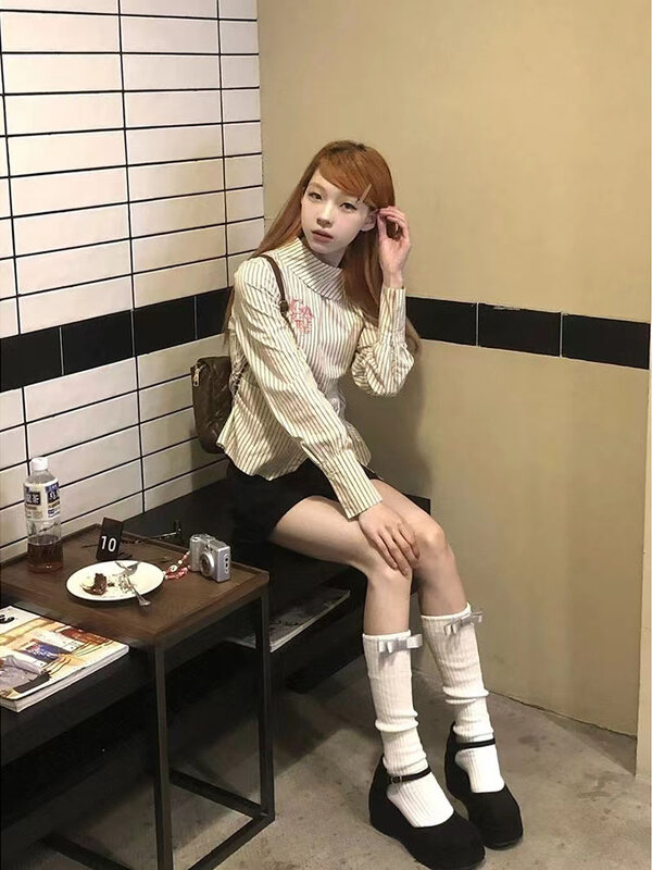 Blusa feminina listrada bordada, manga comprida, camisas de cintura fina, tops de fenda casual Harajuku feminino, moda coreana vintage, Y2K