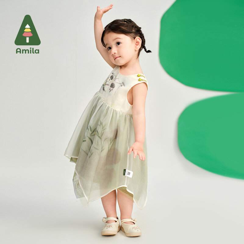 Amila 2024 Sommer neue Baby Rock Bambus Elemente einfache süße Boutique chinesische Gaze Weste Kleid 0-6y