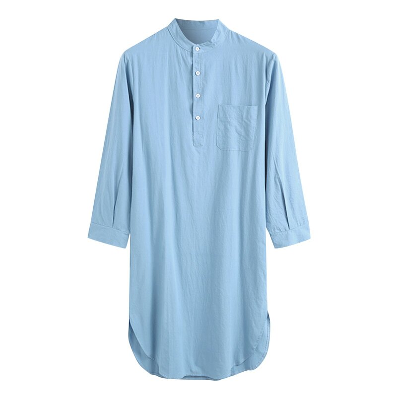 Baumwolle Herren Schlaf roben einfarbig Langarm Nachthemd o Hals Freizeit Herren 2024 Vintage arabische ethnische islamische Kleid