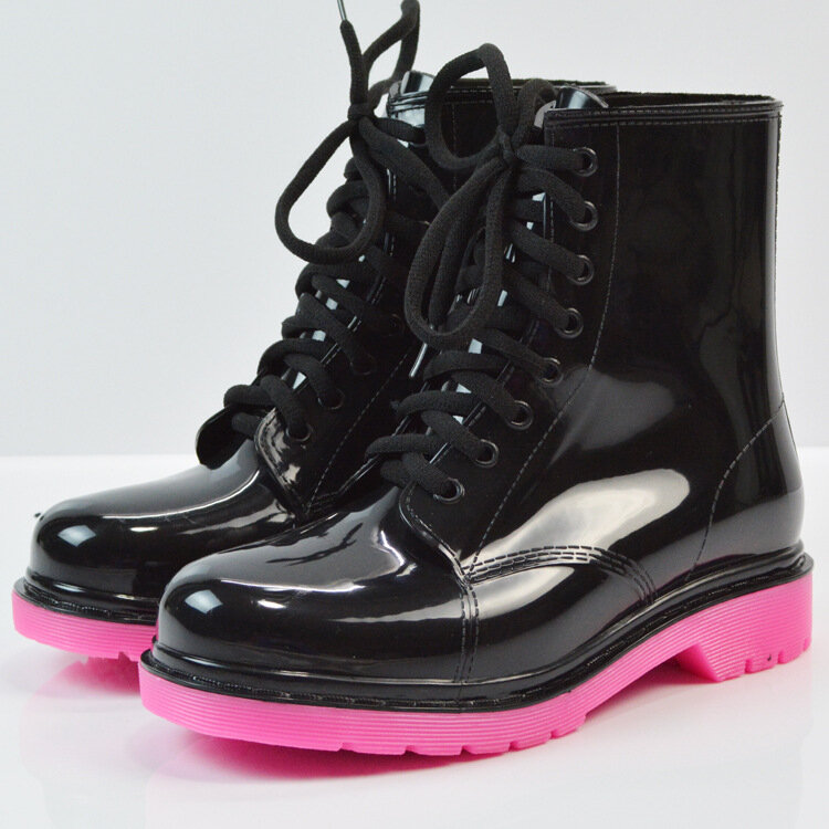 Botas de lluvia de tacón plano para mujer, zapatos de agua con cordones, cálidos, Botas de lluvia de media pantorrilla, zapatos de plataforma, Color sólido, moda