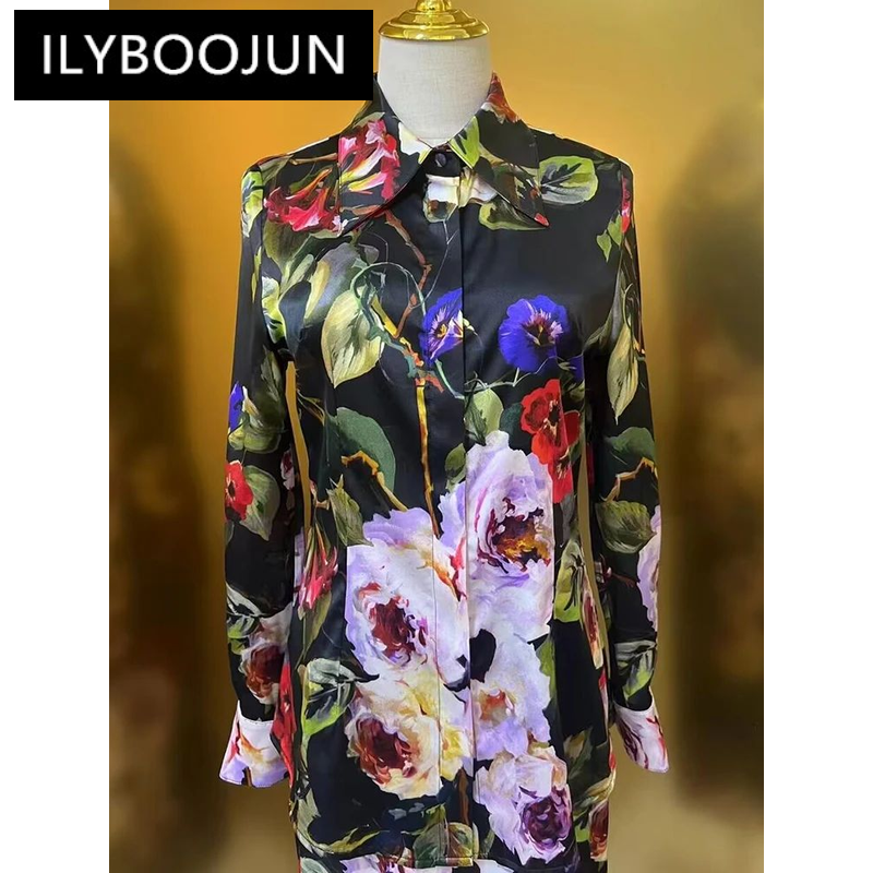 Модные дизайнерские весенние шелковые топы ILYBOOJUN, Женская винтажная однобортная рубашка с отложным воротником и длинным рукавом и цветочным принтом
