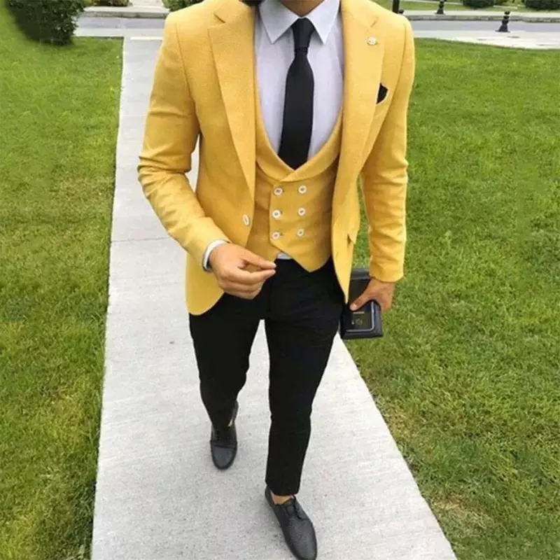 Setelan tuksedo Formal pernikahan pria, pakaian tuksedo takik kerah pengiring pria satu kancing kuning, jaket + celana + rompi