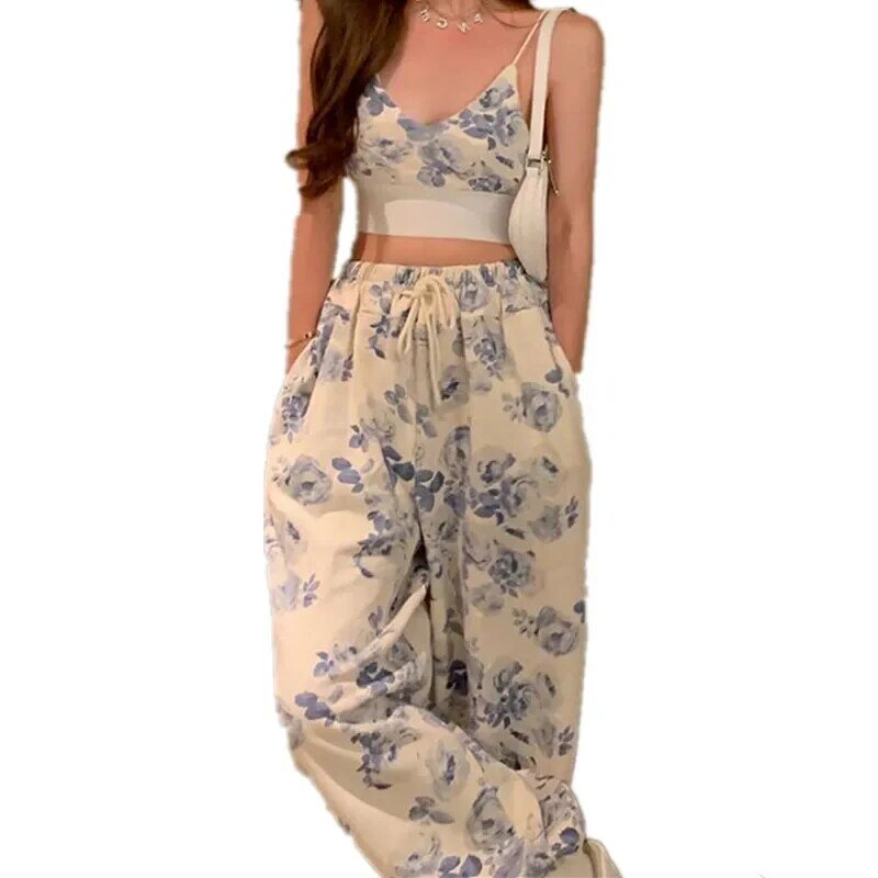 NMZM Women's 2-piece Set of Summer Pants 2024 Flower V-neck Italian Noodle Strap Tank Top Drawstring Elastic Waist Pants