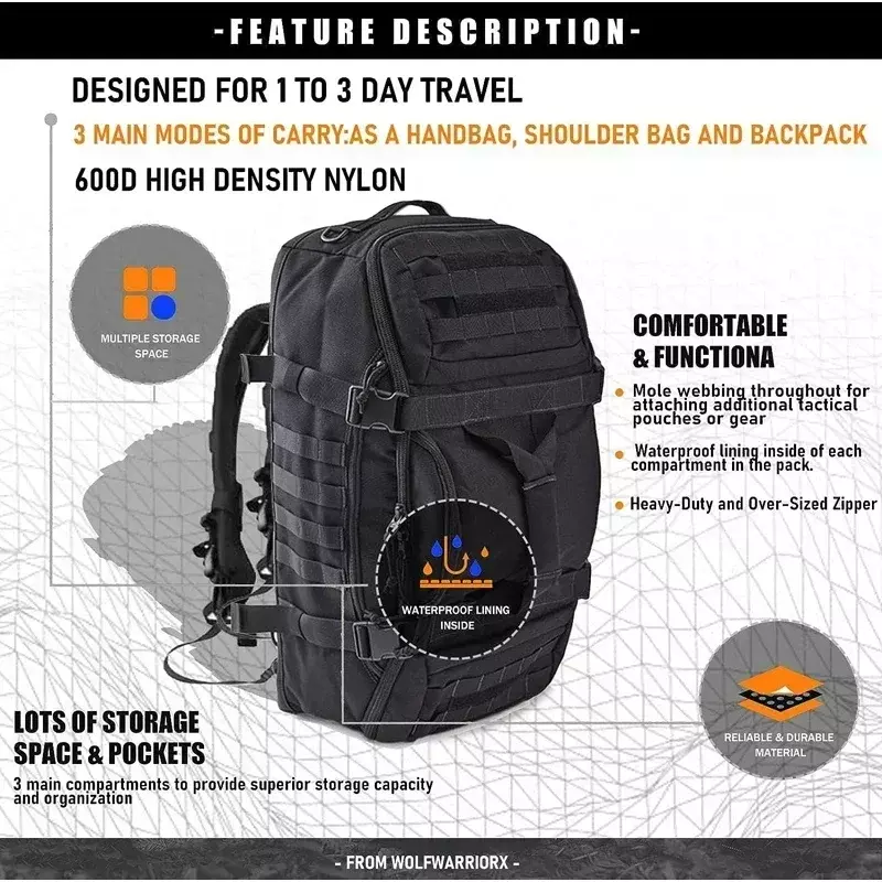 40L 60L 80L Viagem Duffel Bag Mochila Tática Militar com Correia Ajustável Weekender Bag para Homens Mulheres À Prova D' Água Gym Bags