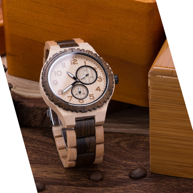 Jam tangan kayu Analog pria, arloji kayu ringan kerajinan tangan Retro Quartz